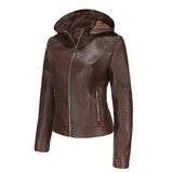 Red Leather Jacket Spring and Autumn Hooded Leather Coat Women's Detachable Hat Windproof Jacket