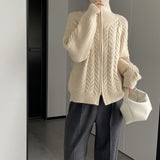 Women Cardigan Sweater Coat Long Sleeve Loose Zip Turn-down Collar Coat L1216
