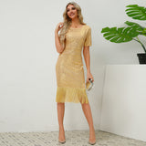 Women Date Dress round Neck Vintage Sequined Tassel Evening Dress