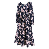 Women Date Dress Autumn Winter Sexy Long Sleeve V-neck Lantern Sleeve Backless Floral Long Tie Dress
