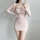Women Dresses U-Neck Suspender Hip Skirt Long Sleeve Open Skirt