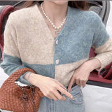 Women Knitted Cardigan for Spring and Autumn Retro Geometric Color Matching Knitted V-neck Single Breasted