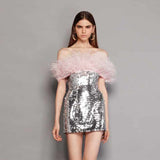 Women Dresses Sexy off-the-Shoulder Feather Dress Hip Skirt Dress (Zns0409)