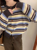 Women Knitted Cardigan Short Striped Color Matching Sweater Cardigan Coat