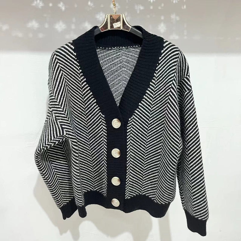 Women Knitted Cardigan Vintage Knitted Cardigan Autumn and Winter Striped Baggy Coat
