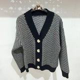 Women Knitted Cardigan Vintage Knitted Cardigan Autumn and Winter Striped Baggy Coat