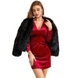 Women Dress Autumn and Winter V-neck Velvet Sheath Skirt Dress