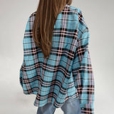 Women Trench Coat Winter Retro Plaid Long Sleeve Shirt Loose Casual Jacket