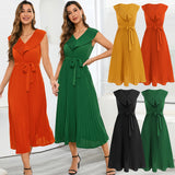 Women Date Dress Chiffon Pleated Dress Slim Fit Elegant Solid Color V-neck Dress