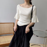 Women Knitted T-shirt Bell Sleeve Solid Color T-shirt Summer round Neck Top