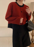 Women Knitted Cardigan Retro Short Knitted Cardigan Loose Color Matching round Neck Sweater Coat