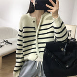 Women Knitwear Autumn and Winter Striped round Neck Sweater Loose Knitted Cardigan