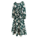 Women Date Dress Autumn Winter Sexy Long Sleeve V-neck Lantern Sleeve Backless Floral Long Tie Dress