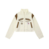 Women Jacket Letter Embroidered Coat Stand Collar Short Casual Zipper Cardigan Top