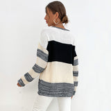 Women Knitted Sweater Fall Thin Pullover round Neck Black and White Contrast Color Sweater