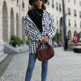 Women Trench Coat Autumn Leisure Long Sleeve Loose Houndstooth Mid-Length Flannel Blazer Collar Coat