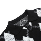 Women Sweater Knitwear Plaid Sweater Coat Top Retro Lapels Short Sweater