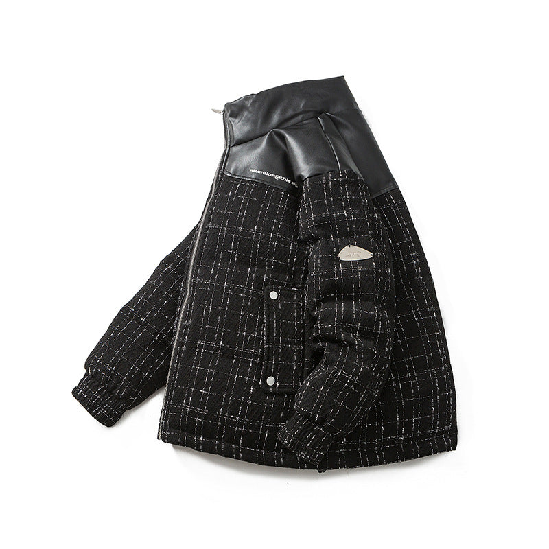 Unisex Winter Cotton Coat PU Leather Stand-up Collar down Jacket Retro Loose down Jacket