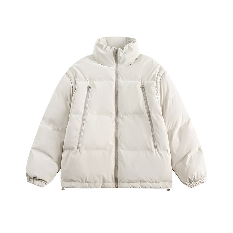 Unisex Winter Cotton Coat Zipper Pocket Decoration Stand-up Collar Cotton-Padded Clothes Vintage Detachable Sleeve Cotton Jacket