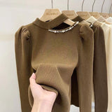 Women Knitwear Autumn and Winter Hollow out Shoulder-Baring Sweaters Bottoming Shirt
