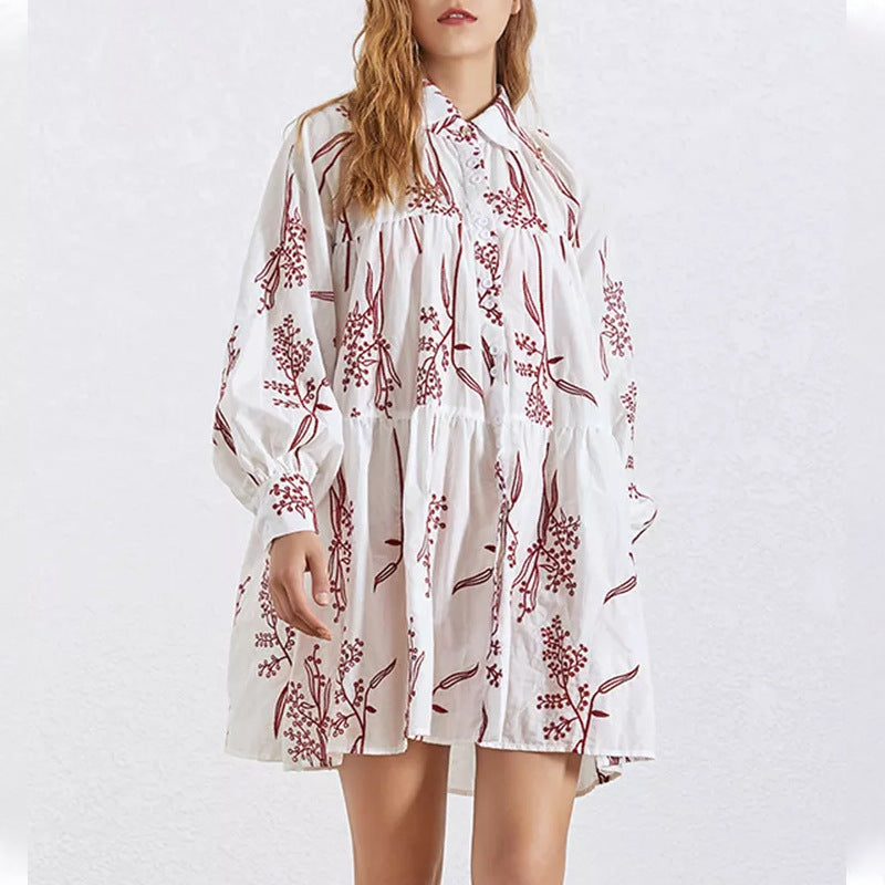 Women Dresses Spring Short Skirt Lapel Single Breasted Embroidered Blouse Long Sleeve Dress (Qymy0409)