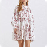 Women Dresses Spring Short Skirt Lapel Single Breasted Embroidered Blouse Long Sleeve Dress (Qymy0409)