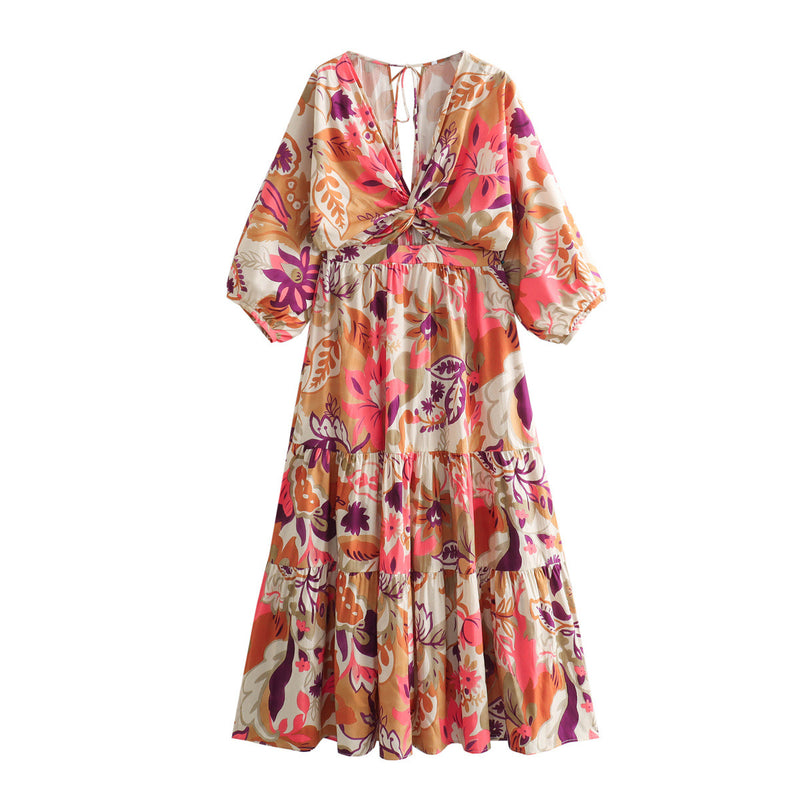 Women Dresses Summer V-neck Printed Dress Hollow-out Dress (Xds0414)
