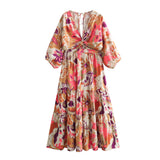 Women Dresses Summer V-neck Printed Dress Hollow-out Dress (Xds0414)