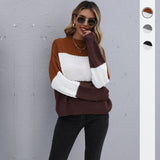 Women Knitted Sweater Autumn Brown Patchwork round Neck Long Sleeve Knitted Pullover Loose Sweater