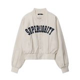 Women Jacket Letter Affixed Cloth Embroidered Baseball Uniform Jacket Loose Stand Collar Long Sleeve Jacket