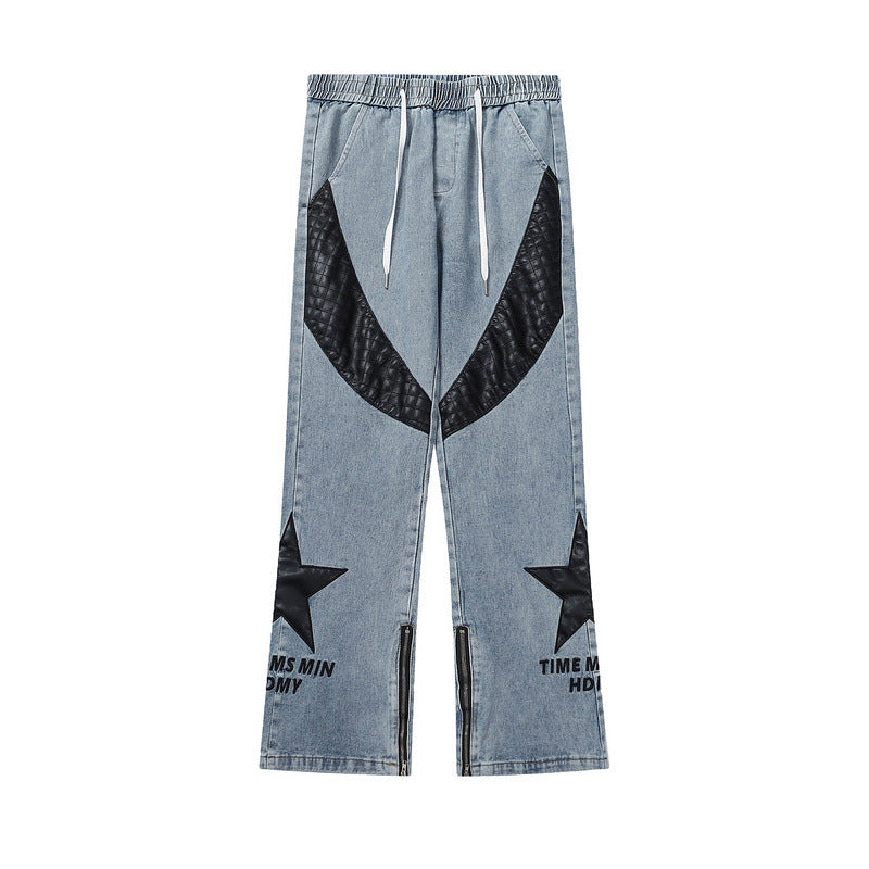 Men Jeans Five-Pointed Star PU Leather Patchwork Straight Jeans Men