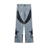 Men Jeans Five-Pointed Star PU Leather Patchwork Straight Jeans Men