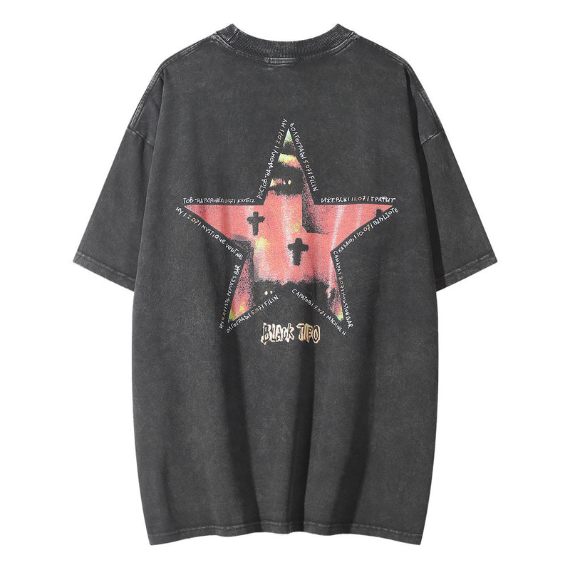 Men Vintage T-Shirt Printed Short-Sleeved T-shirt Washed Distressed Crew Neck Casual T-shirt