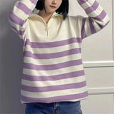 Women Knitwear Autumn and Winter Striped Lapel Knitwear Loose Sweater