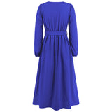 Women Date Dress Single-Breasted Cardigan Skirt V-neck Bubble Long Sleeve Dress