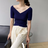 Women Knitted T-shirt V-neck Short-Sleeved Sweater Slim T-shirt
