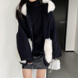 Women Cardigan Sweater Short Woolen Coat Autumn and Winter Long Sleeves Fur Collar Hooded Coat 2t7620