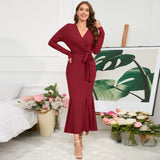 Women Date Dress Knitted Long Sleeve V-neck Lace-up Fishtail Skirt
