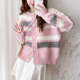 Women Knitwear Autumn and Winter Striped round Neck Sweater Loose Knitted Cardigan