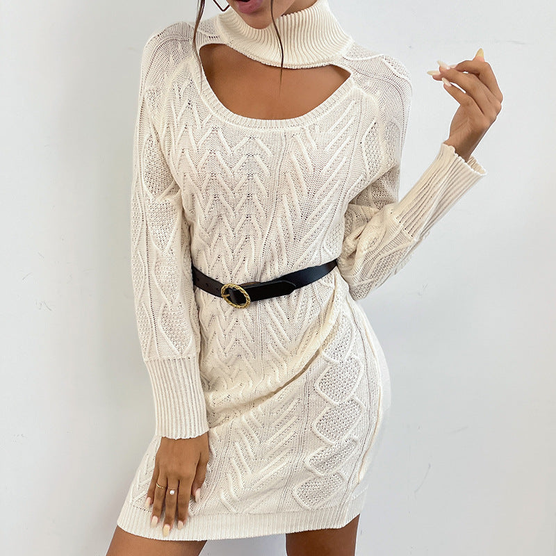 Women Knitted Sweater Autumn Short Skirt Solid Color Twist Long Sleeve Sweater Dress