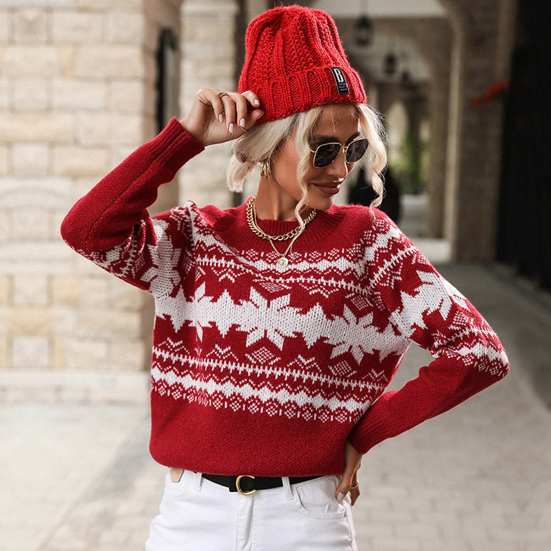 Women Knitted Sweater Autumn and Winter round Neck Red Knitted Christmas Snowflake Sweater
