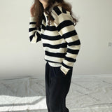 Women Winter Knitted Sweater Autumn and Winter Striped Sweater Lapel Sweater Casual Polo Collar 8t6723