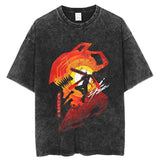 Washed old T-shirt chainsaw man retro black half-sleeved top