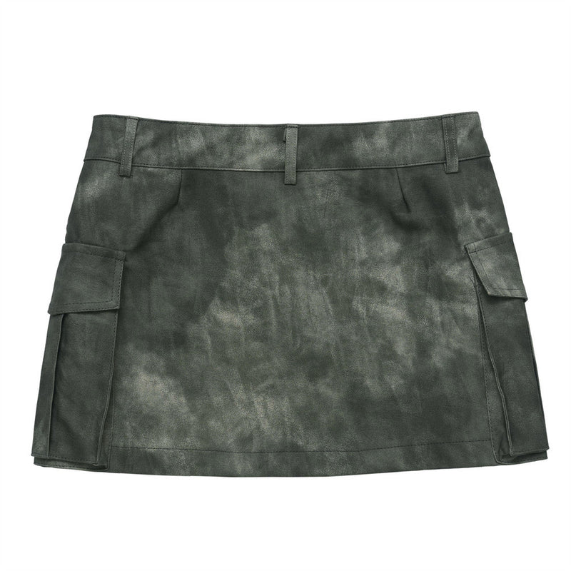 Women Skirt Tie-Dyed PU Leather Miniskirt Summer A- line Skirt