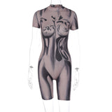 Women Jumpsuit Summer Printed Slim round Neck Zipper Short-Sleeved Jumpsuit