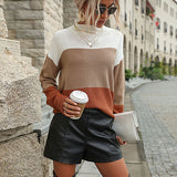 Women Knitted Sweater Autumn and Winter Long Sleeve Color Matching Turtleneck Sweater
