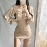 Women Dresses Puff Sleeve V-neck Pleated Dress
