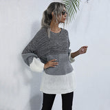 Women Knitted Sweater round Neck Long Sleeve Contrast Color Knitted Sweater Female Autumn