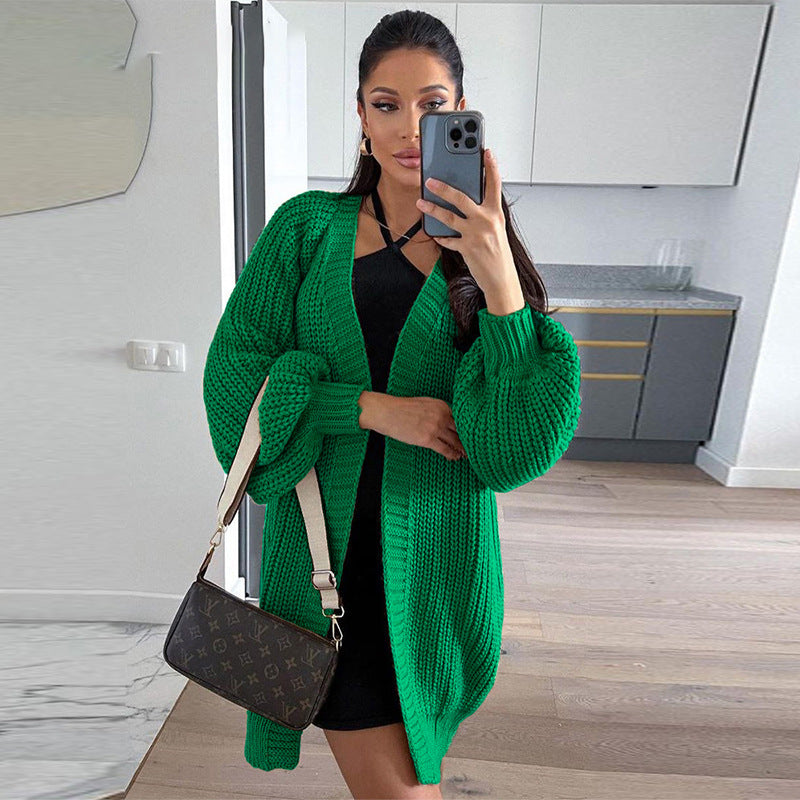Ladies Leisure Knitwear Loose Knit Mid-Length Sweater Cardigan