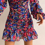 Robe Bridgerton Autumn U Collar Lantern Sleeve Sexy Floral Dress